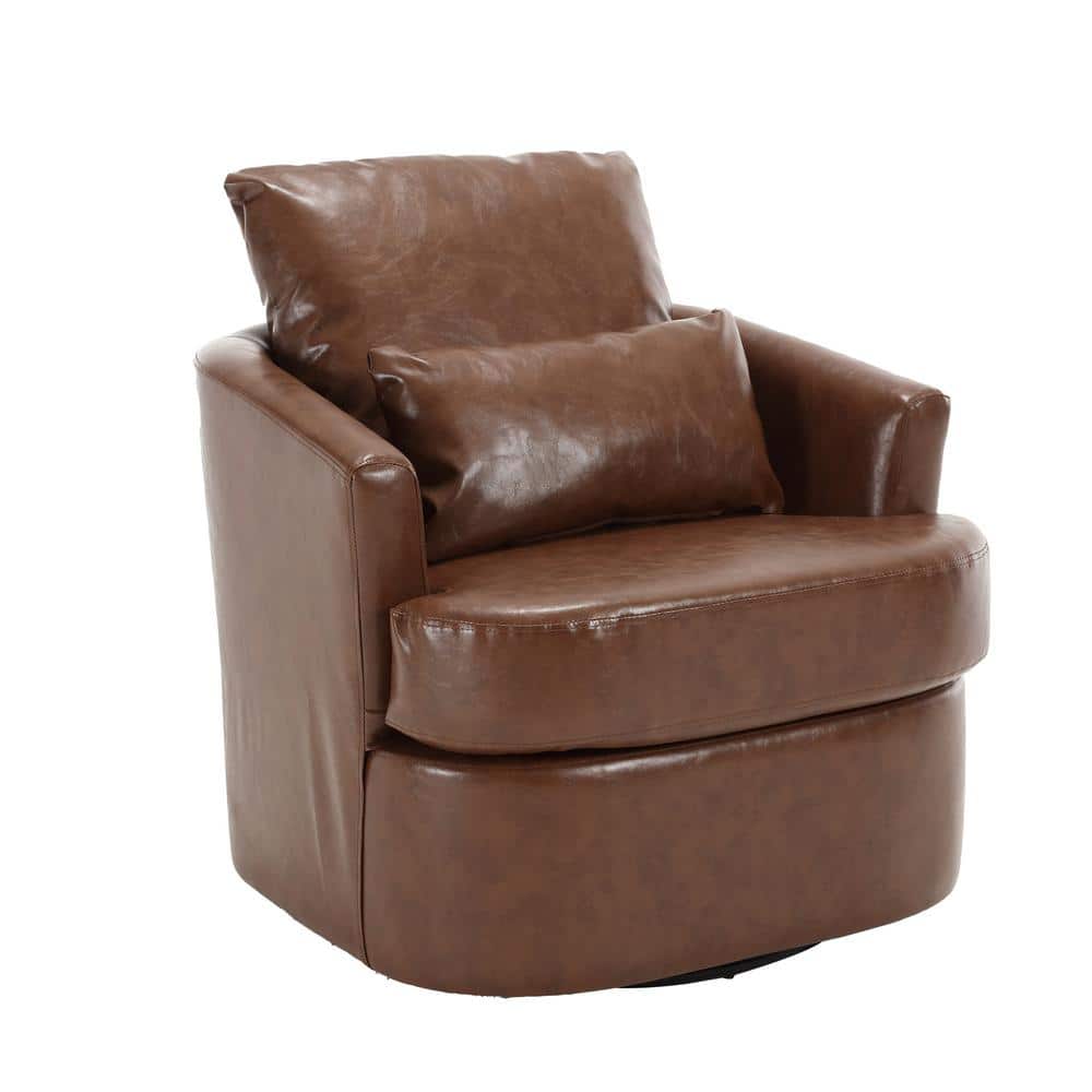 Brown PU 360 Degree Comfy Round PU Swivel Barrel Club Chair, 300LBS