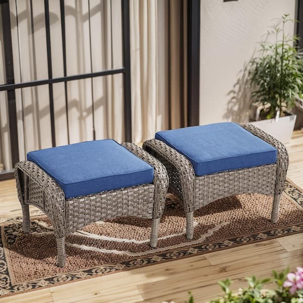 Gymojoy Carlos Gray Wicker 2-Piece Outdoor Ottoman Steel Frame Patio Footstools with Blue Cushion