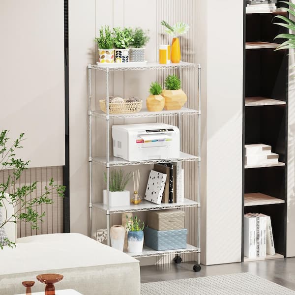 5-Shelf Heavy Duty Wire Shelving Unit, Adjustable Chrome Steel Storage Rack with Wheels for Garage Kitchen Office
