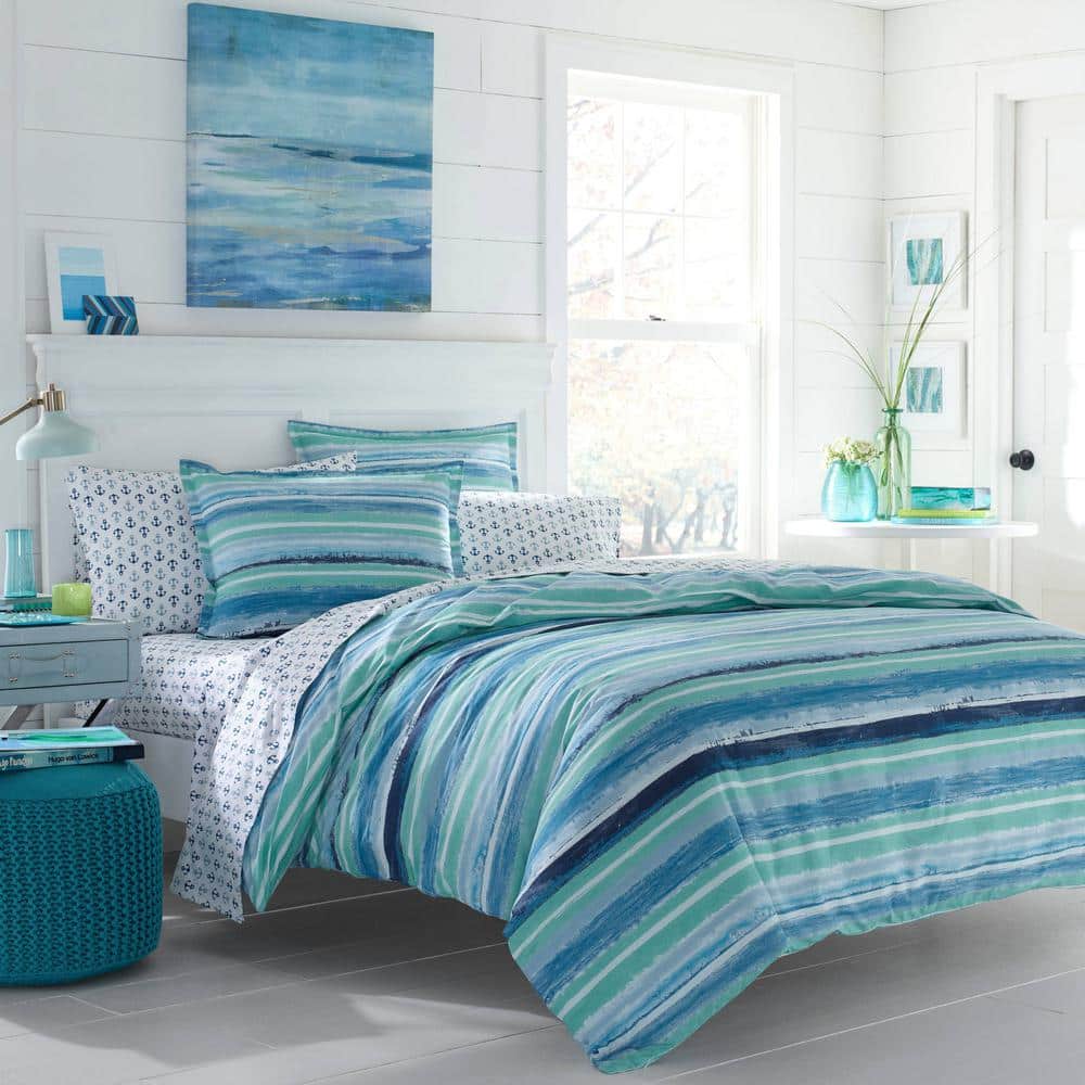 Aqua Blue Striped Cotton Twin Duvet Cover Set