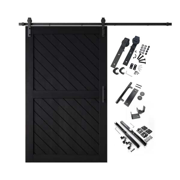 HOMACER XT2 48 in. x 80 in. C-Panel Black Slanted Stripe Design Solid Pine Wood Sliding Barn Door with Hardware Kit