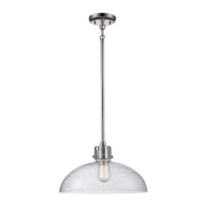 1-Light Polished Nickel Hanging Pendant Light Fixture with Seeded Glass Dome Shade