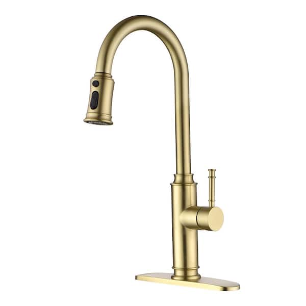 SUMERAIN S6132P-ES Single Handle Pull Down Sprayer Kitchen Faucet with Deckplate, Pull Out Spray Wand in Brushed Gold