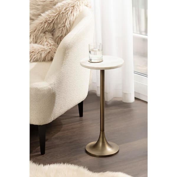 Baronet 10 in. White/Gold Round Marble End Table