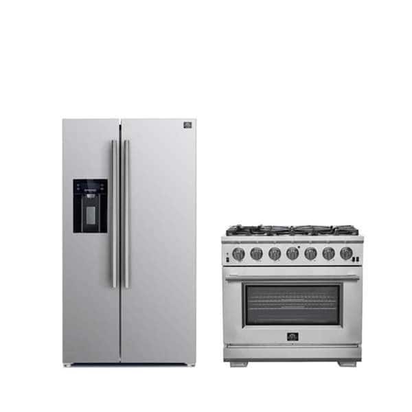 2 Piece Kitchen Bundle-Capriasca 36" 6 Burner Range, Salerno 36" Side by Side Refrigerator 20 cu. ft. in Stainless Steel