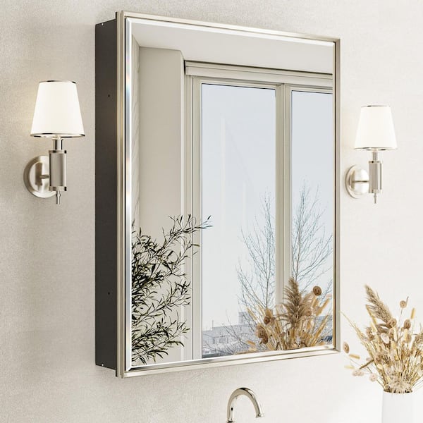 Musey 24 in W x 30 in H Brush Nickel Rectangular Aluminum Medicine Cabinet with Beveled Mirror, Recessed or Surface