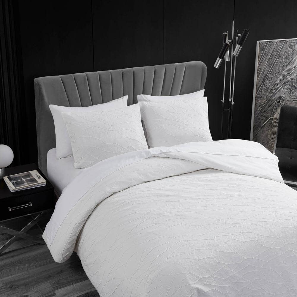 King Size White Cotton Crinkle Texture Duvet Cover Set
