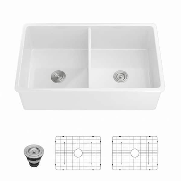 32 in. Fireclay Sink Undermount White Kitchen Sink Double Bowl 50/50