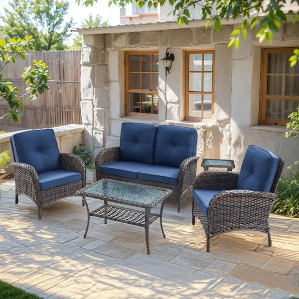 SleekArm 5-Piece Brown Wicker Patio Conversation Set with Olefin Blue Cushion/Loveseat with Outdoor Lounge Chairs