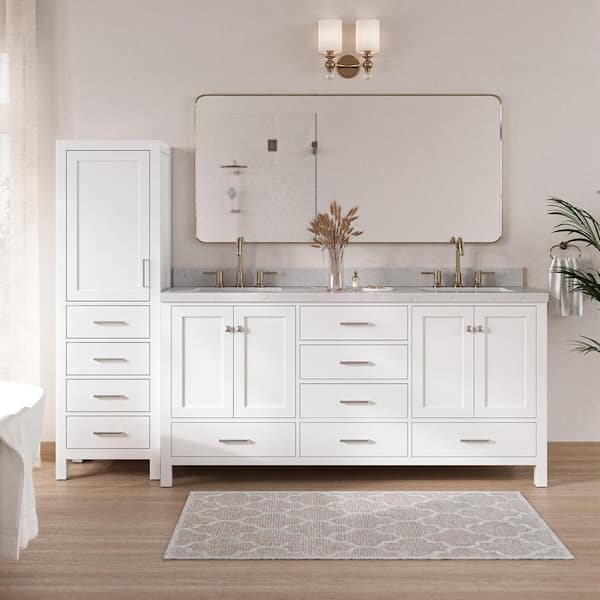 Cambridge 72 in. Double Sink Bath Vanity with Carrara White Quartz Top and Linen Cabinet in White