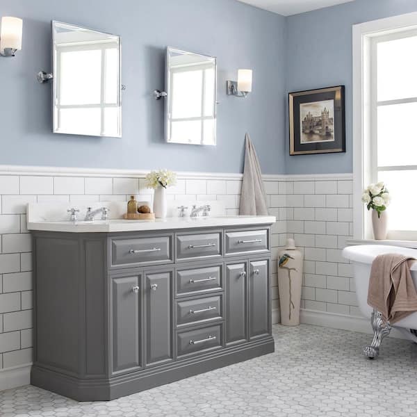 Palace 60 in. W x 22 in. D x 34 in. H Double Sink Bath Vanity in Cashmere Grey with Carrara White Quartz Top