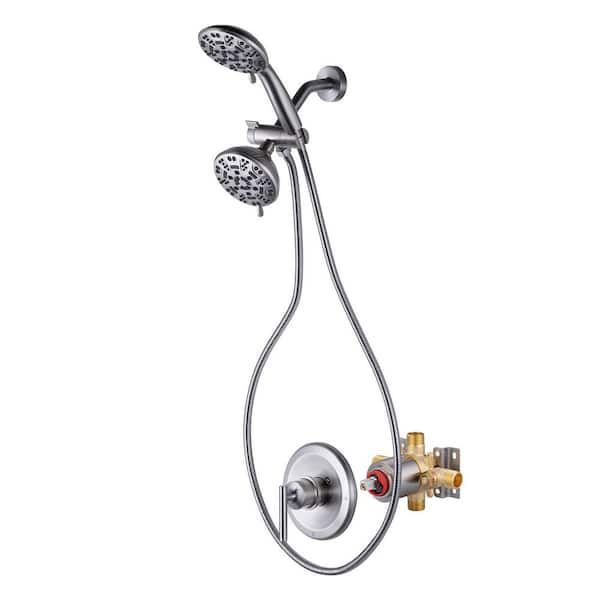 2 in 1 Single Handle 7-Spray Brass Shower Faucet 1.8 GPM with Dual Shower Head in. Bruhsed Nickel (Valve Included)