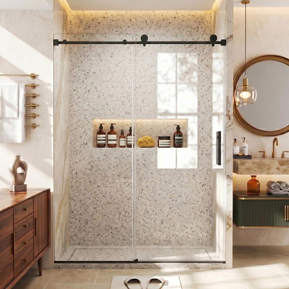 "56-60"" W X 76"" H Frameless Sliding Shower Door 3/8""(10mm) Tempered Glass And Stainless Steel Hardware, Matte Black" price history on PriceWatchPro