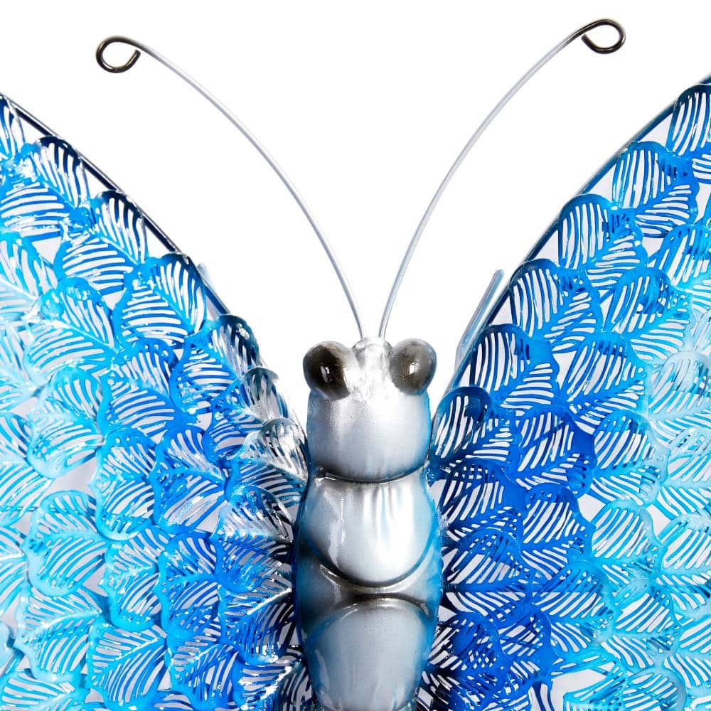 Silver and Blue Metal Butterfly Wall Sculpture