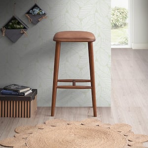 Wendy 29.7 in. Walnut Backless Solid Wood Bar Stool with Vegan Leather Seat