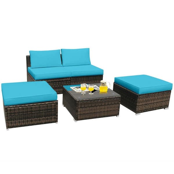 Kadehome 5-Piece Wicker Patio Furniture Set with Washable Zippered Cushions in Turquoise