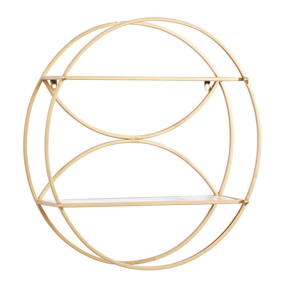 Contemporary Gold Round Iron & Wood Wall Shelf, 22" x 7"
