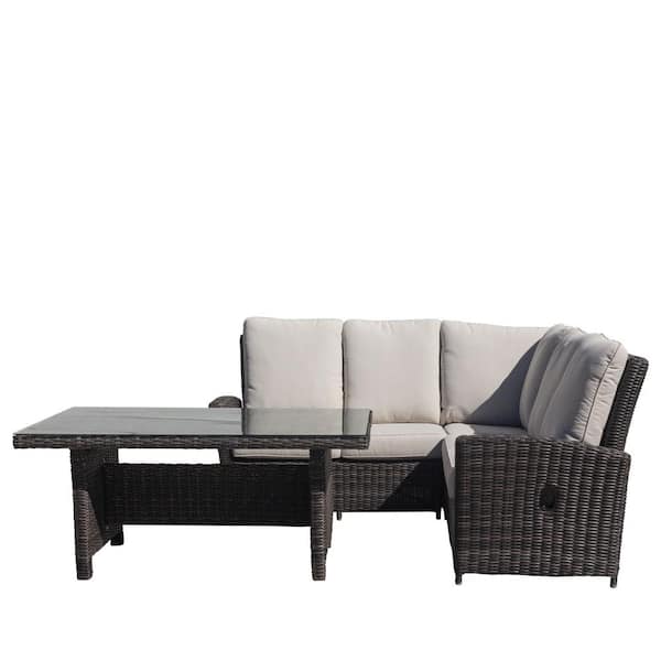 Courtyard Casual Cheshire 4-Piece Aluminum Chow Dining Recline Sectional Set with Cream Cushions