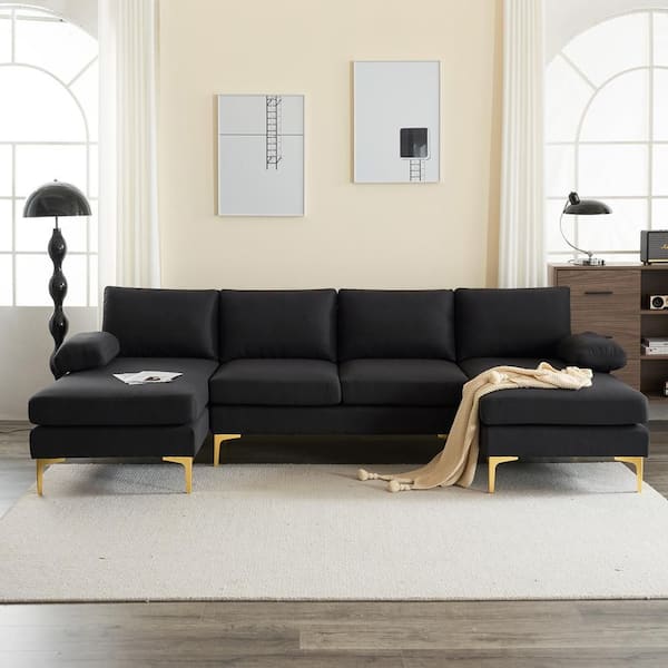 Metal Leg's Collection 110 in. Pillow Top Arm 3-Piece U-shaped Chenille Modern Sectional Sofa in. Black