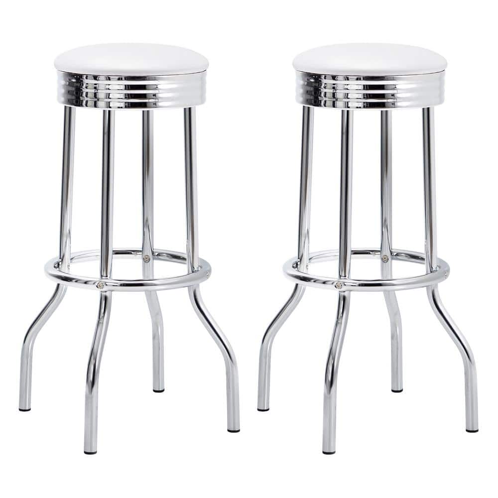 White Faux Leather and Chrome Swivel Bar Stool Set
