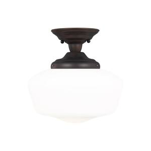 Academy 13 in. 1-Light Bronze Transitional Farmhouse Semi-Flush Mount with Satin White Glass Shade