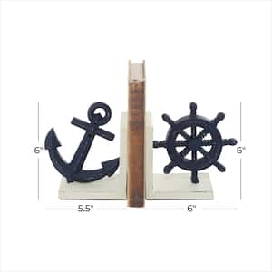 Blue Metal Anchor and Ship Wheel Bookends (Set of 2)