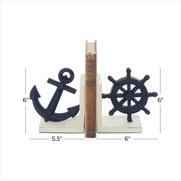 Blue Metal Anchor and Ship Wheel Bookends (Set of 2)
