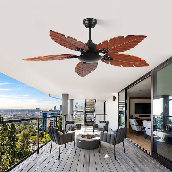 Zoren 52 in. Solid Wood Brown Palm Shade Indoor/Outdoor Ceiling Fan Without Light Kit For Patio and Living Room