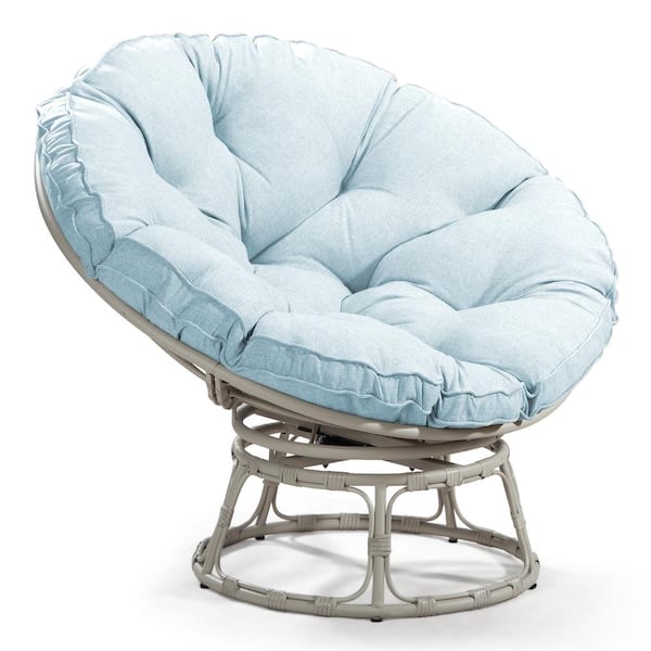 JUJABU Gray Wicker Outdoor Patio Swivel Papasan Lounge Chair with Blue Cushion