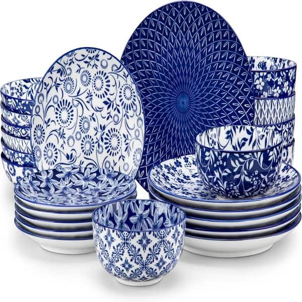 24-Piece Blue Porcelain Dinnerware Sets, Plates and Bowls Set, Microwave and Dishwasher Safe