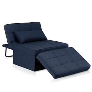 4-in-1 Sofa Bed, 37.4 in. Multi-Function Folding Ottoman Navy Blue Linen Bed Couch with Adjustable Backrest