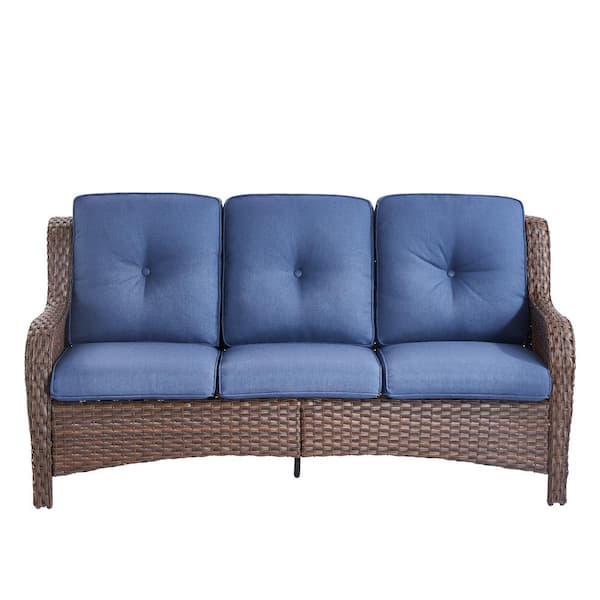 Gymojoy Larocca Brown Metal Wicker Outdoor 3-Seat Couch Patio Sectional Sofa with CushionGuard Blue Cushions