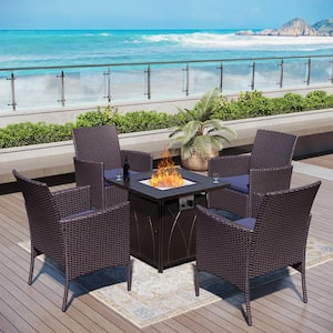 Black 5-Piece Metal Patio Fire Pit Set with Rattan Chairs with Blue Cushion