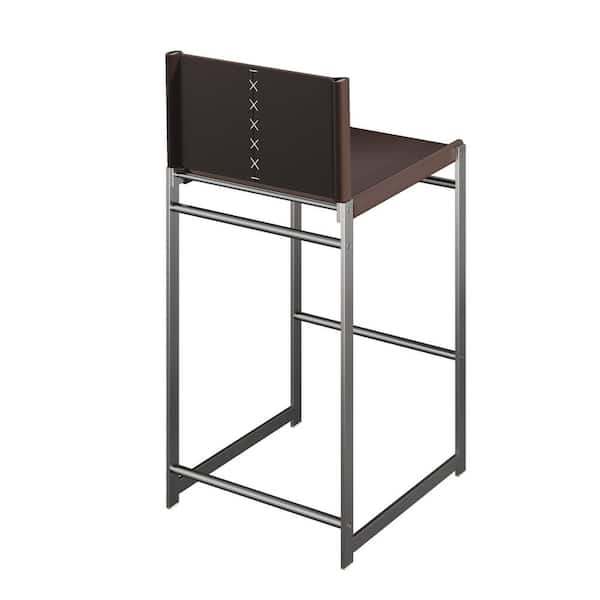 AUTMOON Gray Metal High Outdoor Bar Stool with Coffee Saddle Leather Seat (1-Pack)