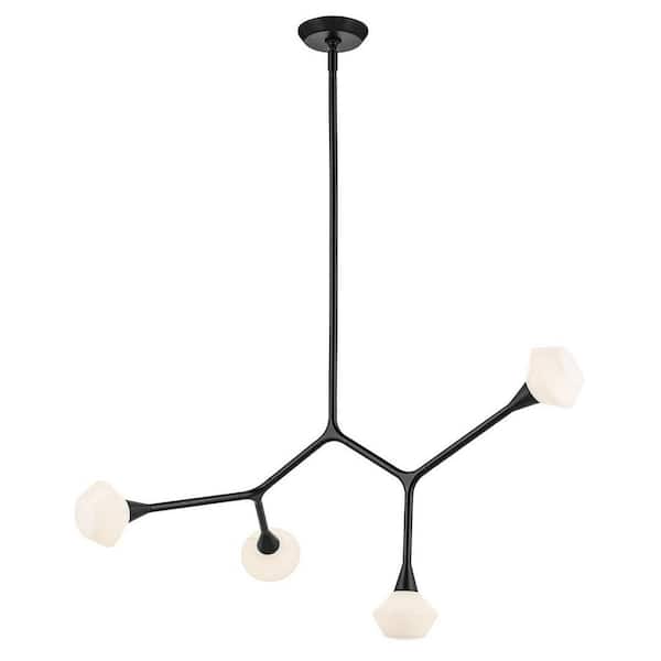 Cassius 39.5 in. 4-Light Black Soft Modern Dining Room Convertible Chandelier with Opal Glass