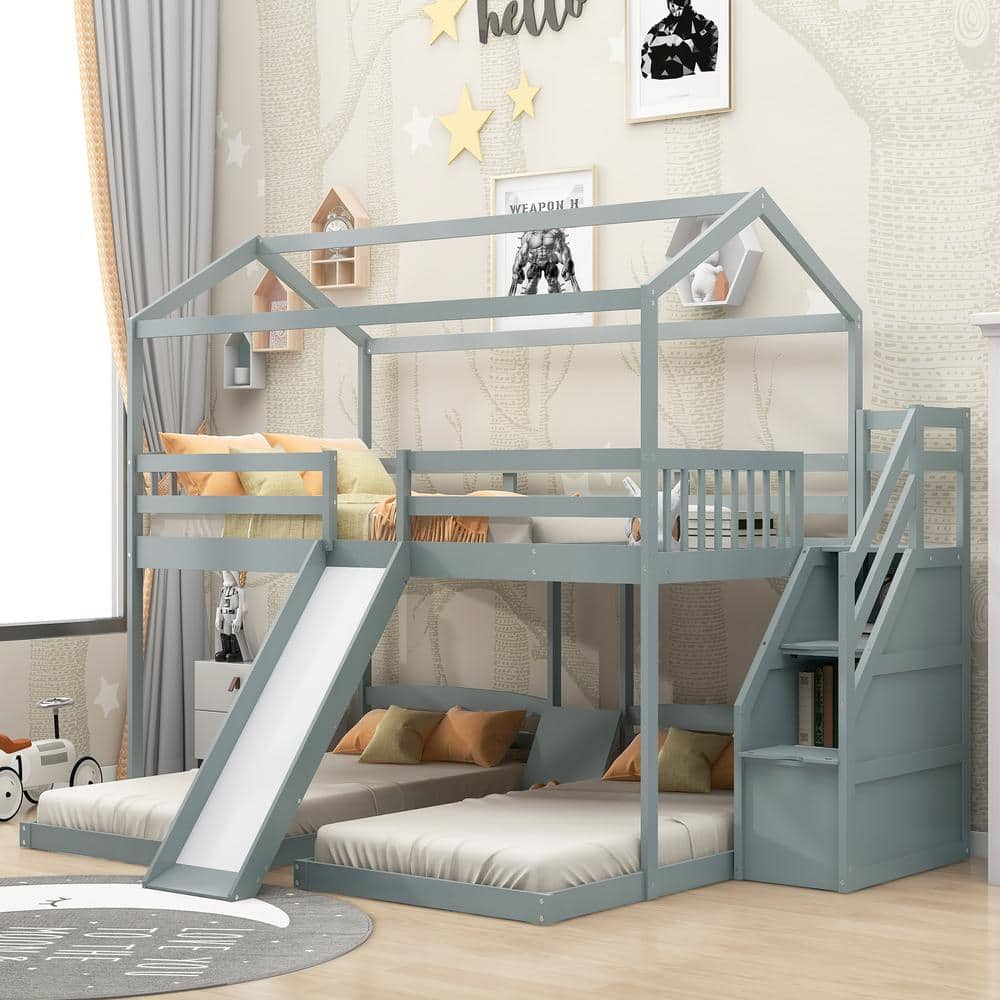 URTR Gray Triple House Bunk Bed with Slide, Wood Full Over Twin & Twin ...