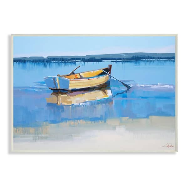 Stupell Industries Row Boat on Blue Coastal Shore Beach Landscape By Craig Trewin Penny Unframed Print Nature Wall Art 13 in. x 19 in.