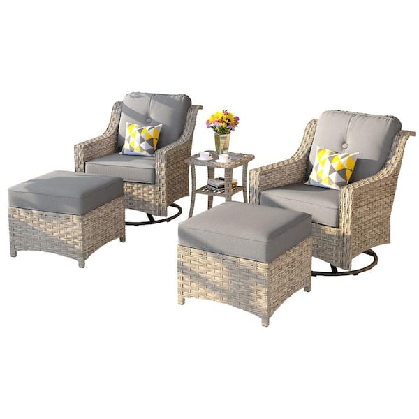 Eureka Grey 5-Piece Modern Wicker Outdoor Patio Conversation Swivel Rocking Chair Seating Set with Dark Grey Cushions
