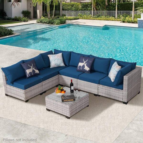 Gray 7-Piece All-Weather Wicker Outdoor Sectional Set, Patio