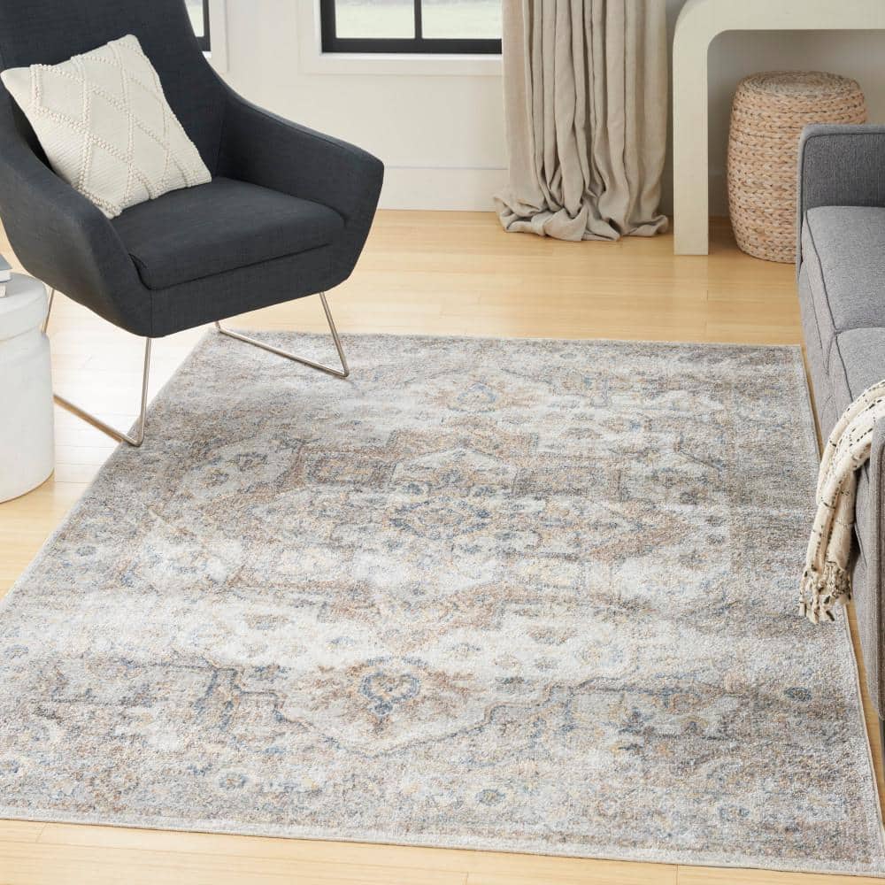 Silver Grey Medallion Low Pile Washable Area Rug