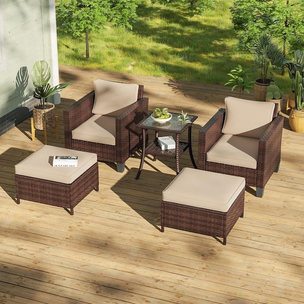 Sonkuki 5-Pieces Brown PE Wicker Patio Conversation Set with Side Table and Ottomans with Washable Sand Cushion