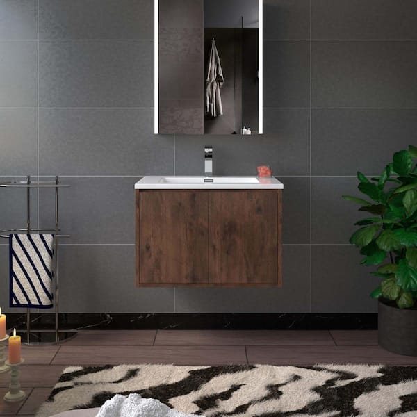FL 30 in. W x 18.87 in. D x 17.75 in. H Single Sink Floating Bath Vanity in Rose Wood with White Resin Top