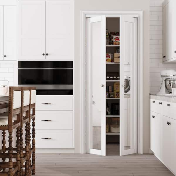 30 in. x 80 in. 1-Lite Mirrored Glass Solid Core White Finished Pivot Bi-fold Door with Two Types of Hardware