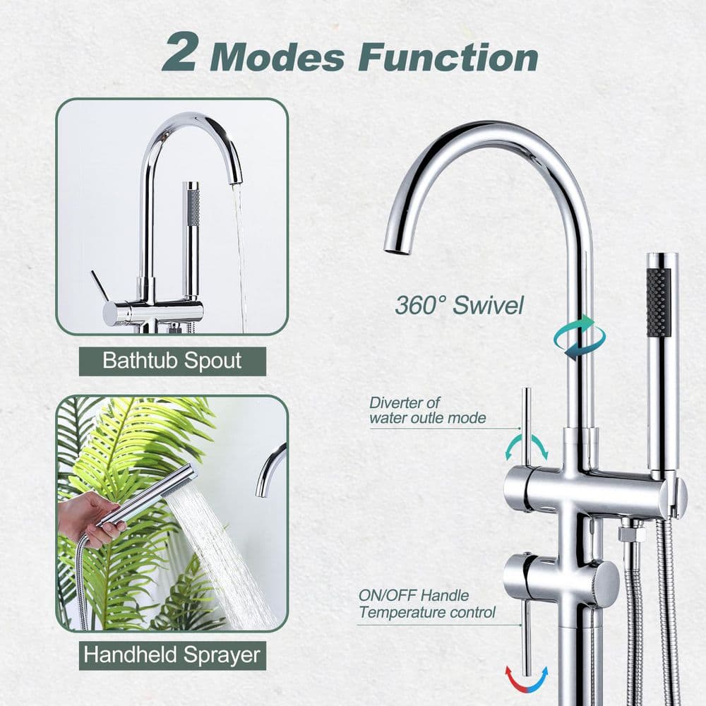 Chrome Double Handle Freestanding Tub Faucet with Handheld Shower