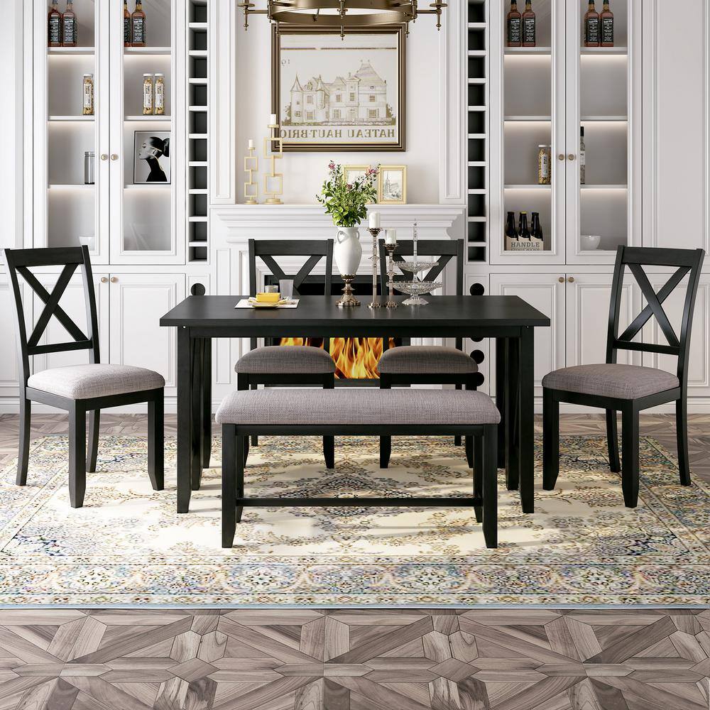 6-Piece Black (Espresso) Wood Top Dining Table Set Foldable Table Seats 6