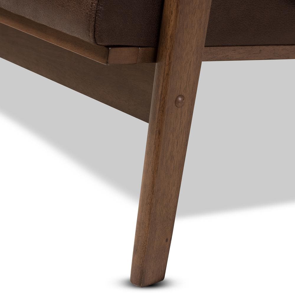 Walnut Wood Dark Brown Faux Leather Tufted Loveseat with Track Arms