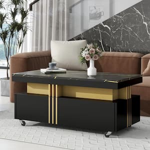 Modern 39.3 in. W MDF Black Coffee Table Rectangle Cocktail Table with Caster Wheels, Gold Metal Bars