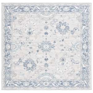 Sunrise Gray/Blue Ivory 7 ft. x 7 ft. Floral Border Reversible Indoor/Outdoor Square Area Rug