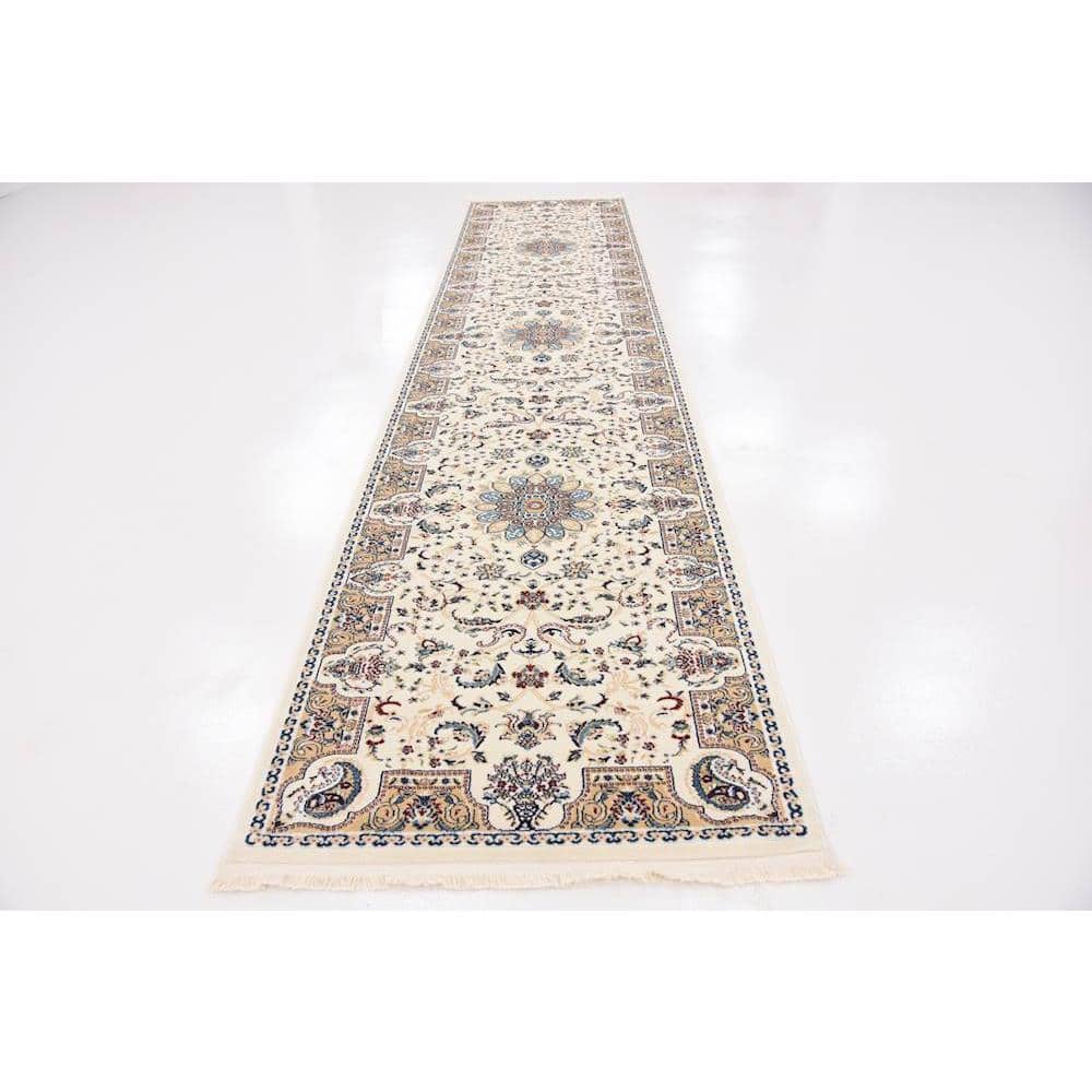 Ivory and Beige Synthetic Persian Runner Rug 3' x 13'