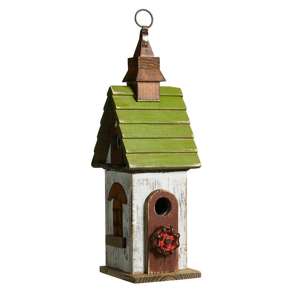 Glitzhome 15.75 in. H White and Green Distressed Solid Wood Decorative Outdoor Garden Birdhouse